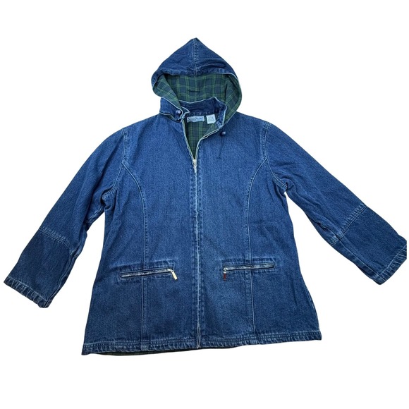 VTG North Style Denim Hooded Jacket Green Plaid Lined Zip Front Women Large - Picture 2 of 9